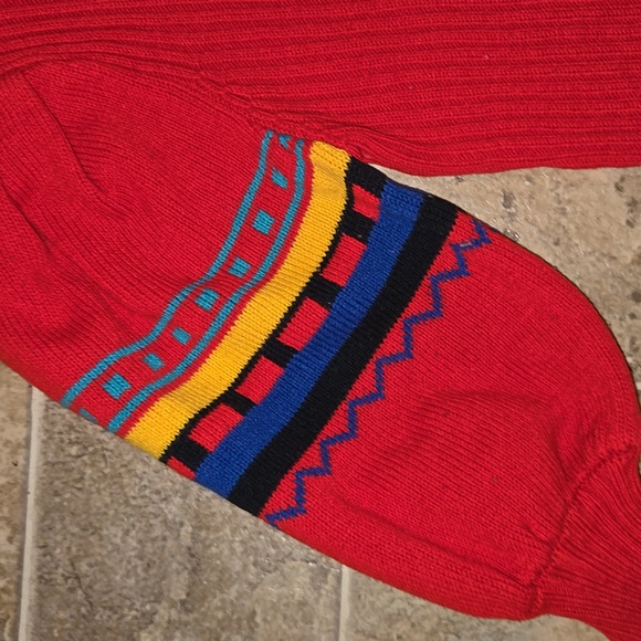 Vintage Red Sweater with Colorful Striped Bishop Sleeves Size M - Picture 4 of 6